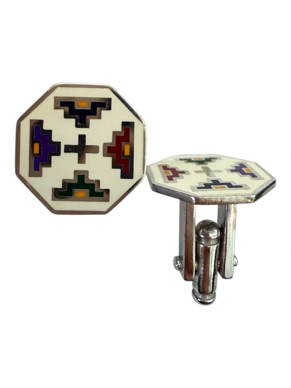 925 Silver Octagonal White Enamel Cufflinks with Multicolor Inlay